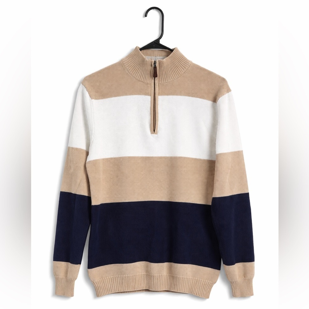 Club Room Quarter Zip Sweater Women’s Large Striped 100% Cotton Pullover